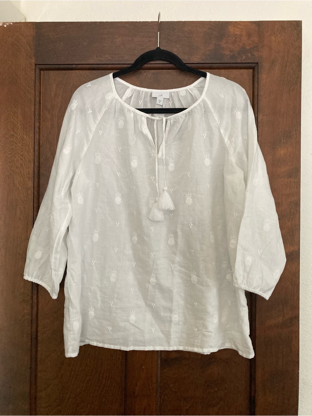 J. Jill White Embroidered Tassel Peasant Blouse
